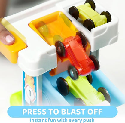 Race Track Car Ramp Toy – Toddler Montessori Car Ramp with 4 Cars and Parking Spaces, Ages 18M+