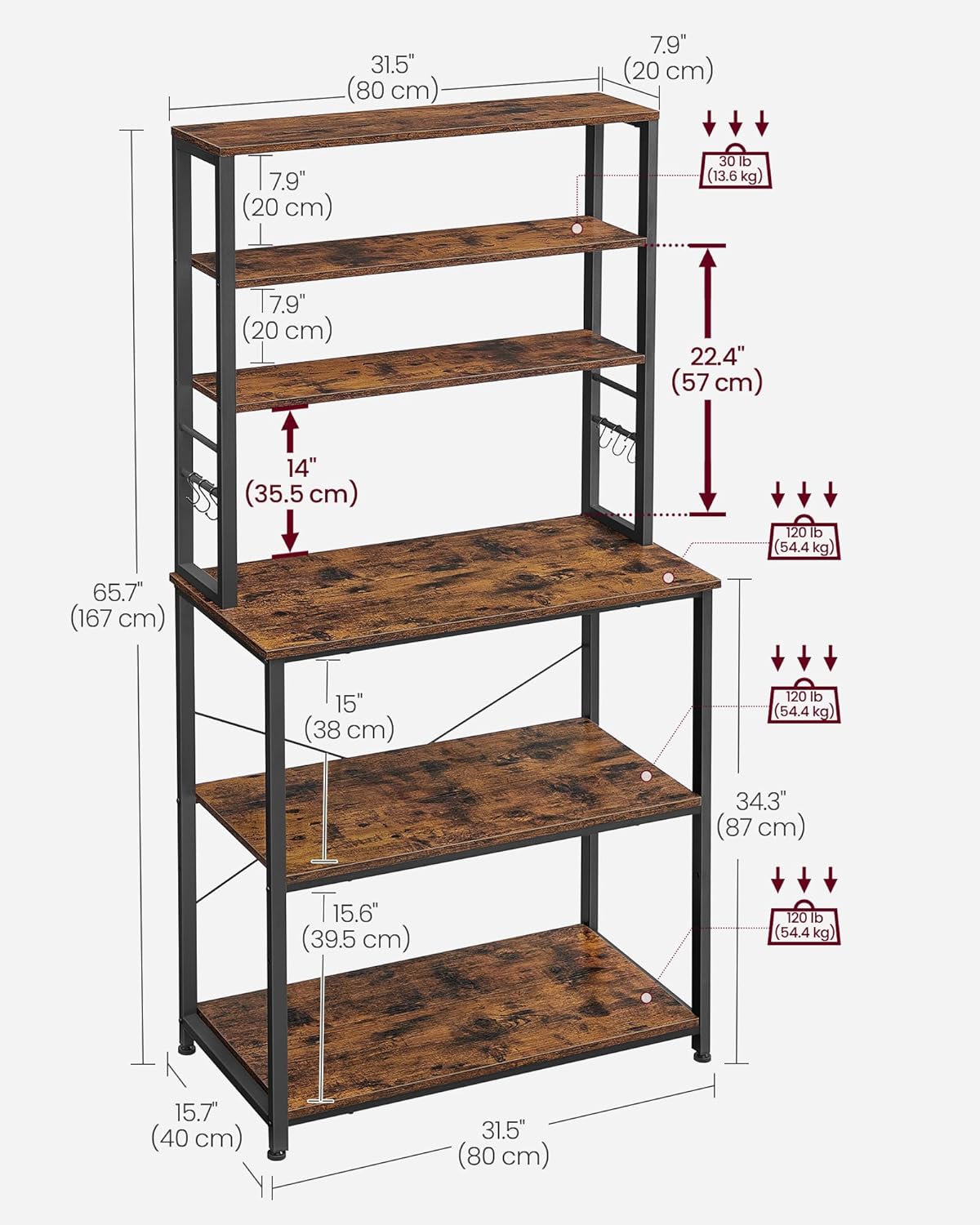 6 Tier Kitchen Baker's Rack with Adjustable Shelf, Microwave Stand, Coffee Bar Station and Storage Shelves with Hooks 31.5" Rustic Brown and Ink Black KKS019B01