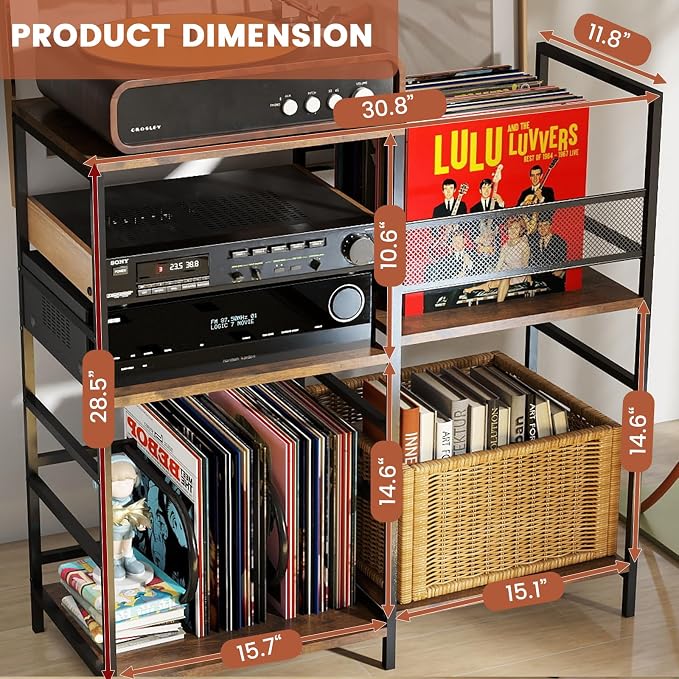 Oracchi Rustic Record Player Stand with Vinyl Storage – 4-Tier Turntable Media Cabinet, Holds Up to 300 Albums