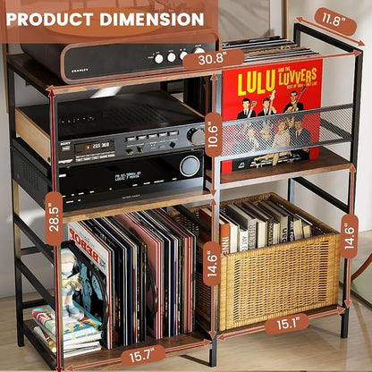 Oracchi Rustic Record Player Stand with Vinyl Storage – 4-Tier Turntable Media Cabinet, Holds Up to 300 Albums