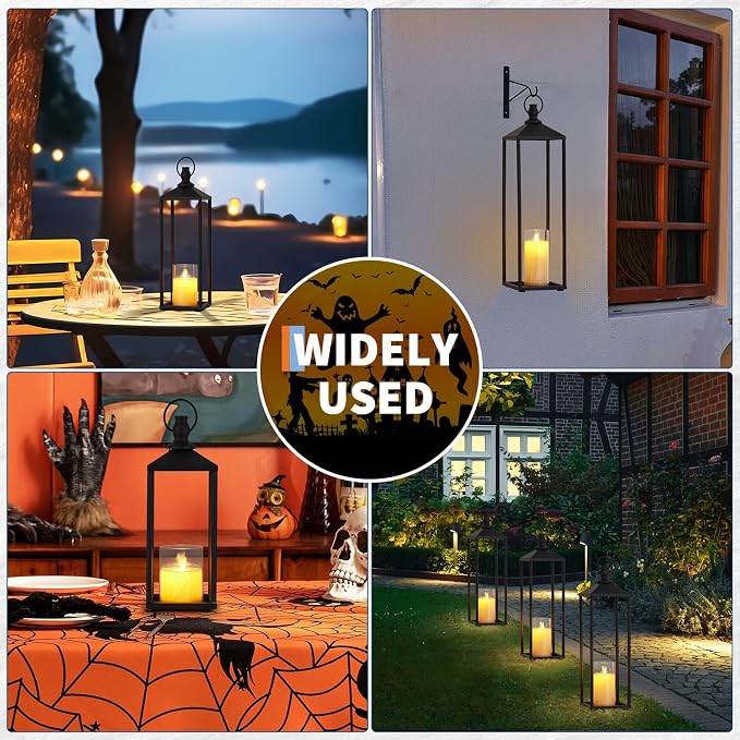 WildVenture 3-Piece Large Black Lantern Set with Flameless LED Candles & Remote – 17", 19" & 22" Indoor Outdoor Decorative Lanterns