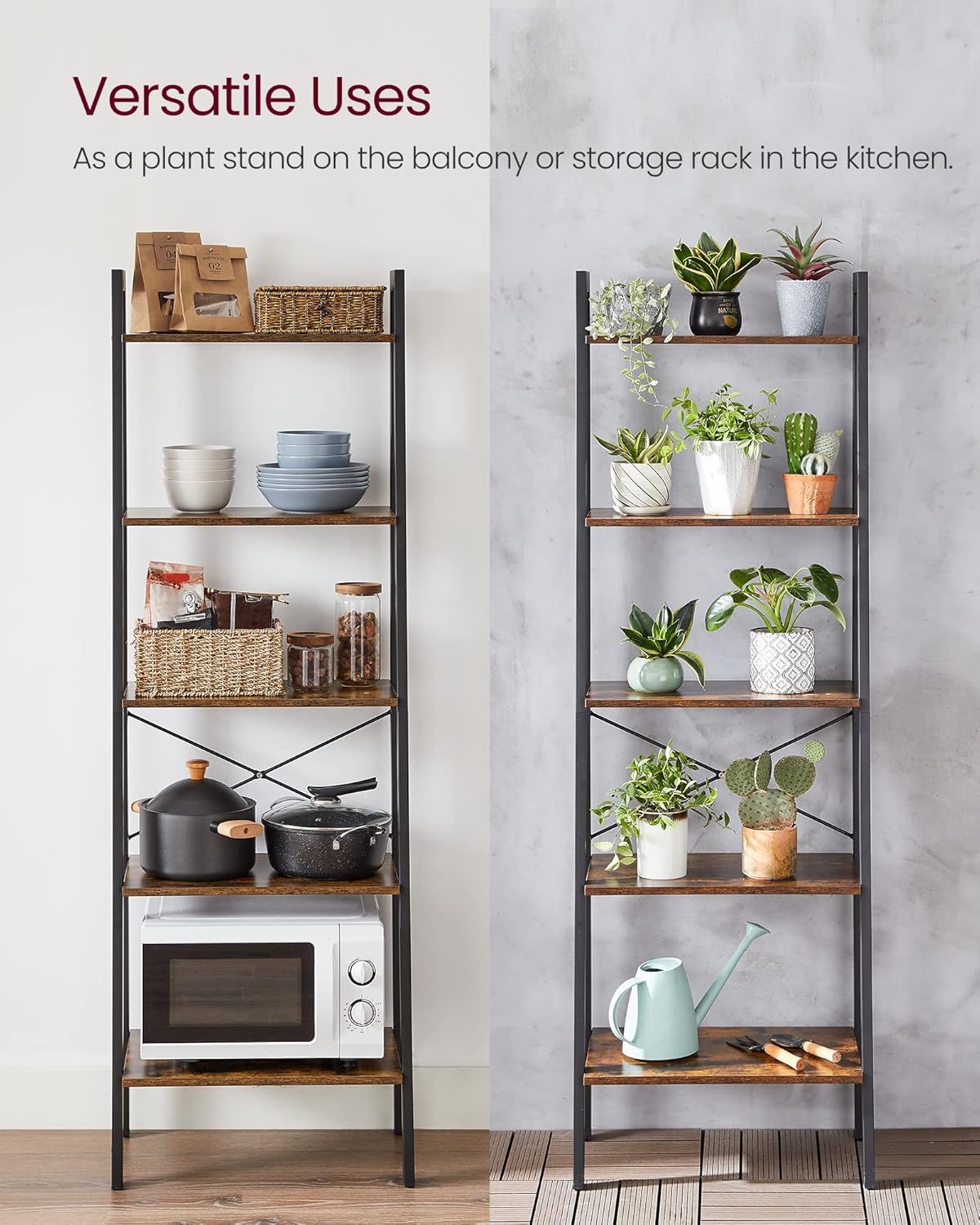 5 Tier Ladder Shelf Bookcase, Industrial Bookshelf, Open Storage Rack with Steel Frame for Living Room, Home Office, Kitchen and Bedroom Rustic Brown and Matte Black LLS45X