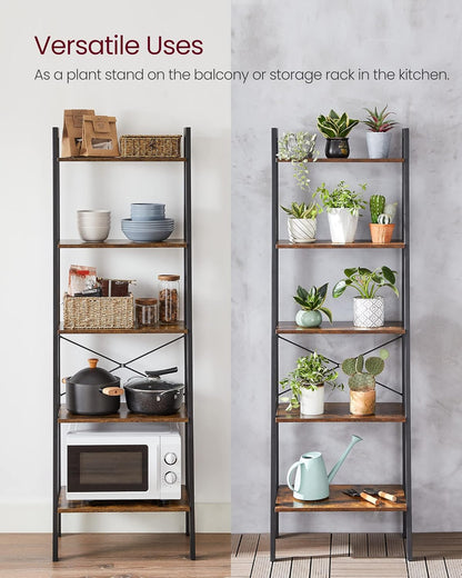 5 Tier Ladder Shelf Bookcase, Industrial Bookshelf, Open Storage Rack with Steel Frame for Living Room, Home Office, Kitchen and Bedroom Rustic Brown and Matte Black LLS45X