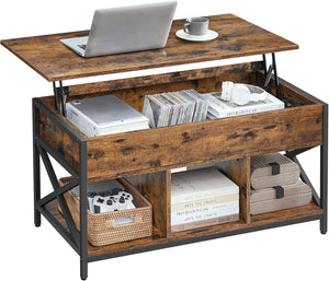 Lift Top Coffee Table with Hidden Storage & 3 Open Shelves – Industrial Living Room Table Rustic Brown & Black LCT202B01V1