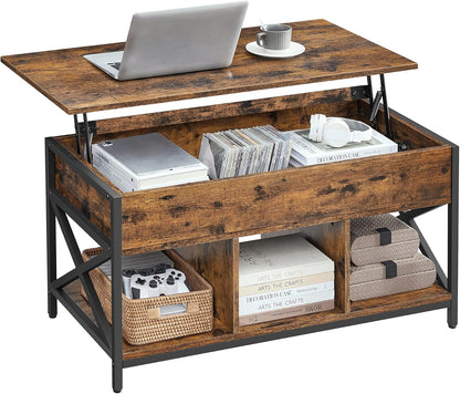 Lift Top Coffee Table with Hidden Storage & 3 Open Shelves – Industrial Living Room Table Rustic Brown & Black LCT202B01V1