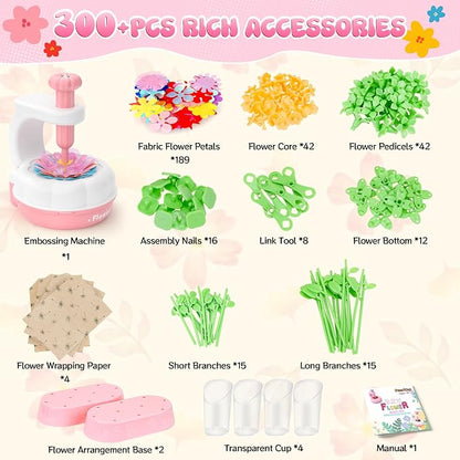 GirlsHome 300+ PCS DIY Fabric Flower Bouquet Kit for Kids – Reusable Arts & Crafts Educational Flower Building Toy