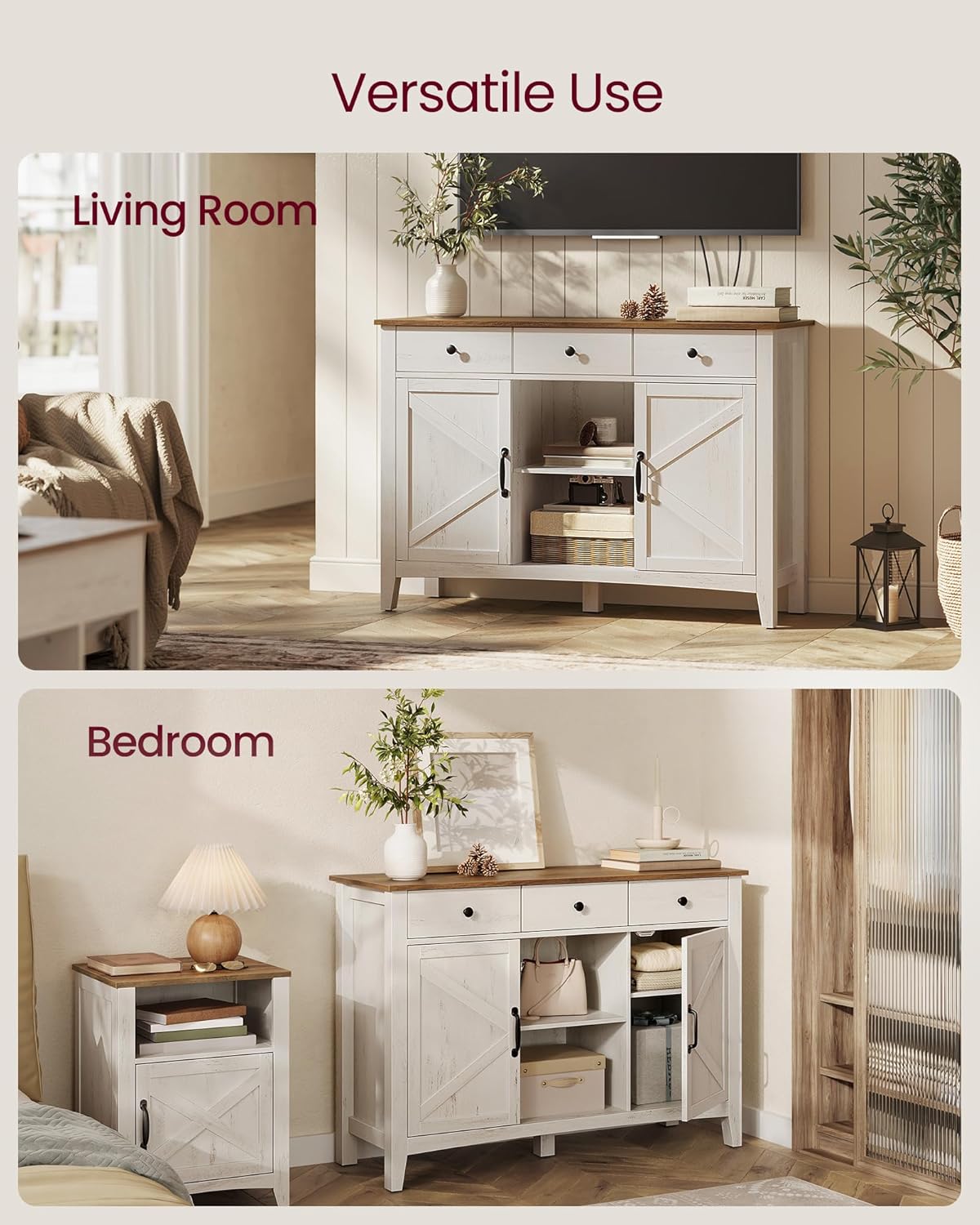 Farmhouse Buffet Cabinet with 3 Drawers & Adjustable Shelves – Coffee Bar Sideboard with Cable Management Rustic White & Honey Brown BBK371W01V1