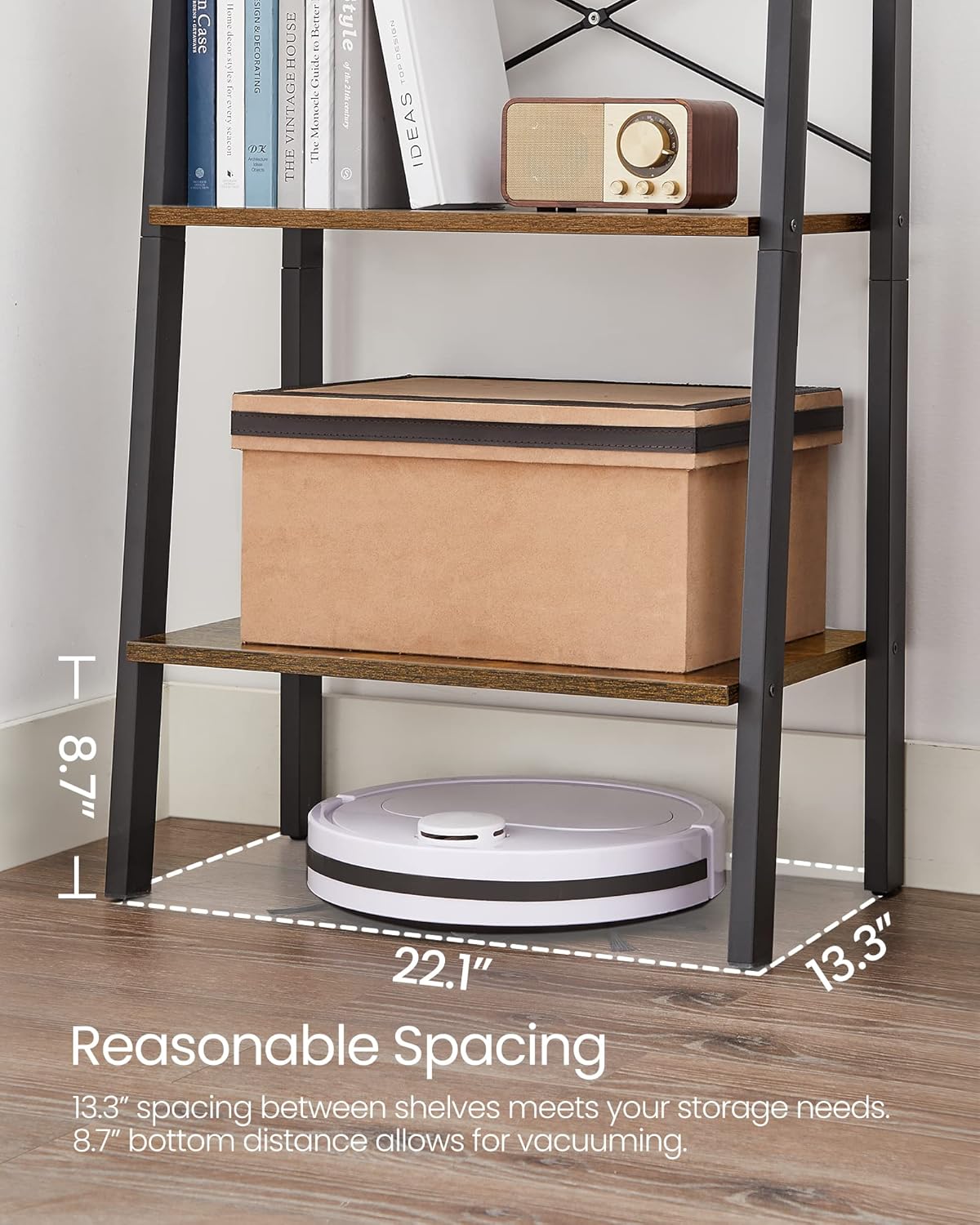 5 Tier Ladder Shelf Bookcase, Industrial Bookshelf, Open Storage Rack with Steel Frame for Living Room, Home Office, Kitchen and Bedroom Rustic Brown and Matte Black LLS45X