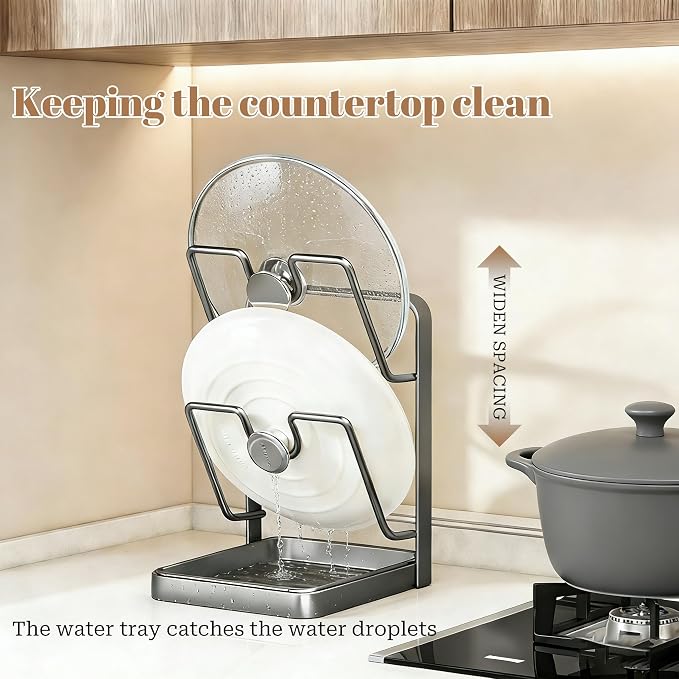 Tugkew 2-Tier Pot Lid Organizer Rack – Stainless Steel Countertop Lid Holder with Removable Drip Tray & Spoon Rest, Beige & Grey