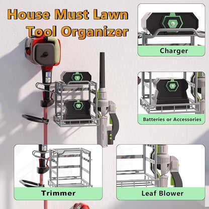 Jolensoy Wall Mount Power Tool Organizer – Heavy Duty Garage Storage Rack for Leaf Blower, Weed Trimmer, Batteries, Chargers & Lawn Equipment