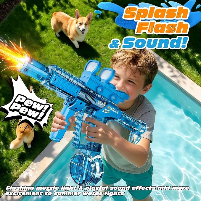 Reenovan Automatic Electric Water Gun – 26ft Range, 320cc Tank, USB Rechargeable Water Blaster with Flashing Muzzle