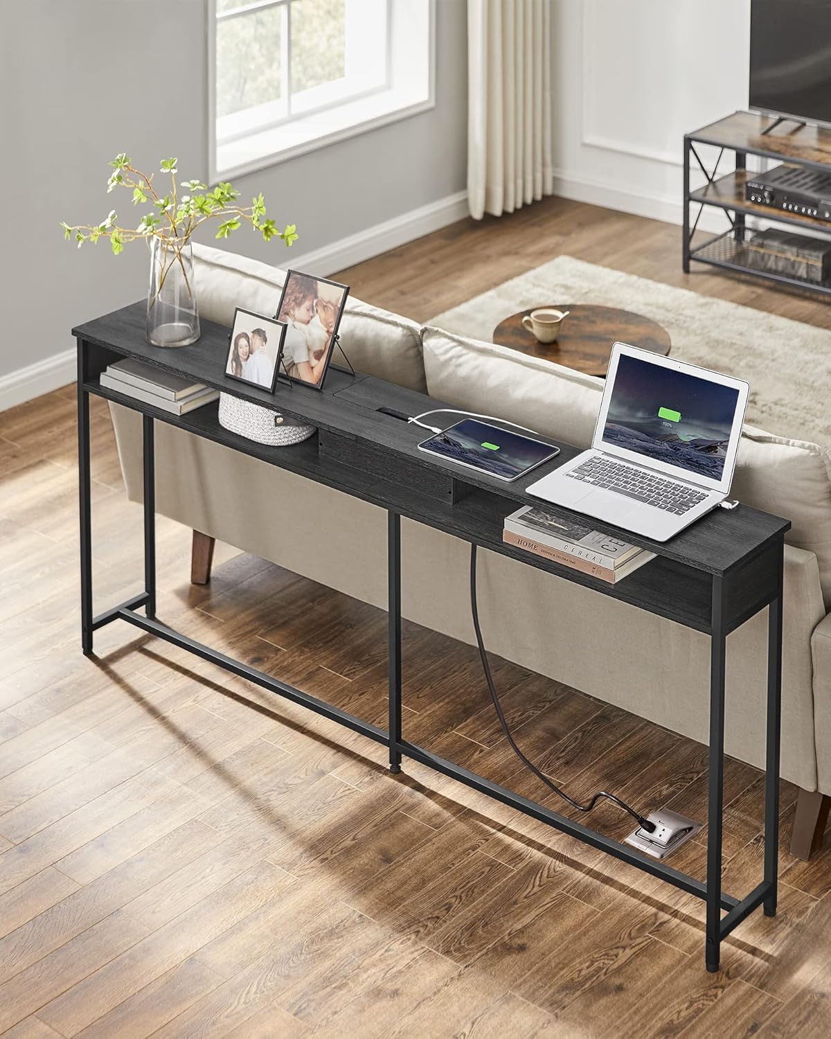 Console Table with Power Outlet, 70 Inch Sofa Table, Narrow Entryway Table with Hidden Charging Station and Storage Shelves for Hallway, Living Room and Behind Couch Black LNT118B22