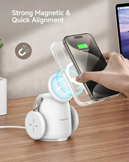 SwanScout 3-in-1 Wireless Charging Station – Magnetic iPhone Charger with Apple Watch & AirPods Charging, USB-C