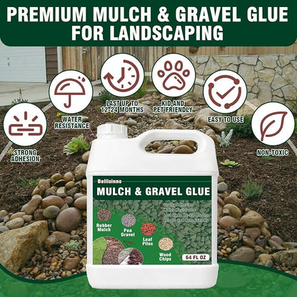 Bellisinno 64 oz Mulch & Gravel Glue – Clear Landscape Rock Binder for Pea Gravel, Pebbles, Stones, Wood Chips & Rubber Mulch