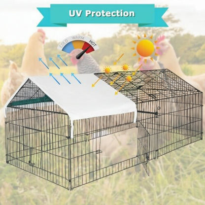 88" Dog Kennel with Green Cover – Side View

Rabbit & Chicken Cage Enclosure – Front Angle

Outdoor Animal Enclosure with Cover – Set Up in Yard

Pet Containment Cage – Metal Frame Close-up