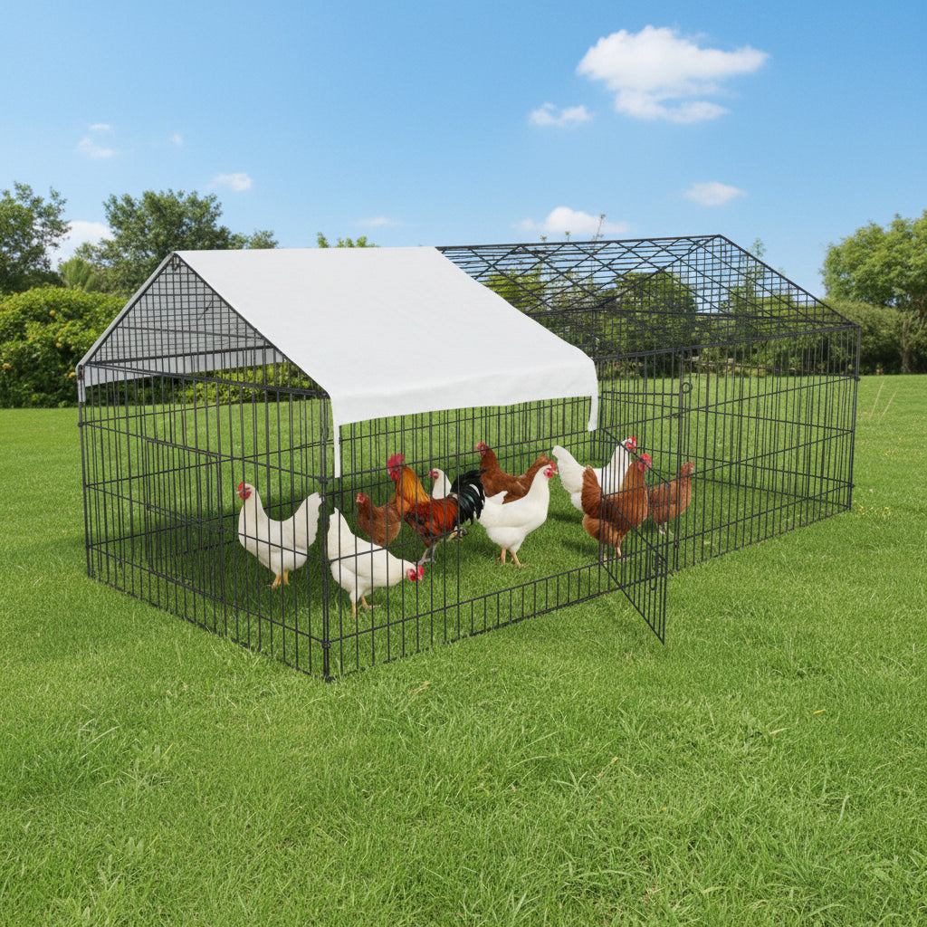 88" Dog Kennel with Green Cover – Side View

Rabbit & Chicken Cage Enclosure – Front Angle

Outdoor Animal Enclosure with Cover – Set Up in Yard

Pet Containment Cage – Metal Frame Close-up