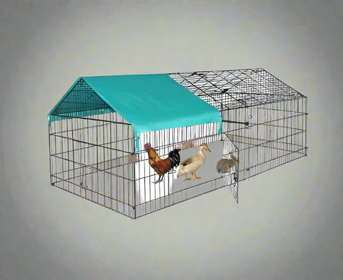 88" Dog Kennel with Green Cover – Side View

Rabbit & Chicken Cage Enclosure – Front Angle

Outdoor Animal Enclosure with Cover – Set Up in Yard

Pet Containment Cage – Metal Frame Close-up