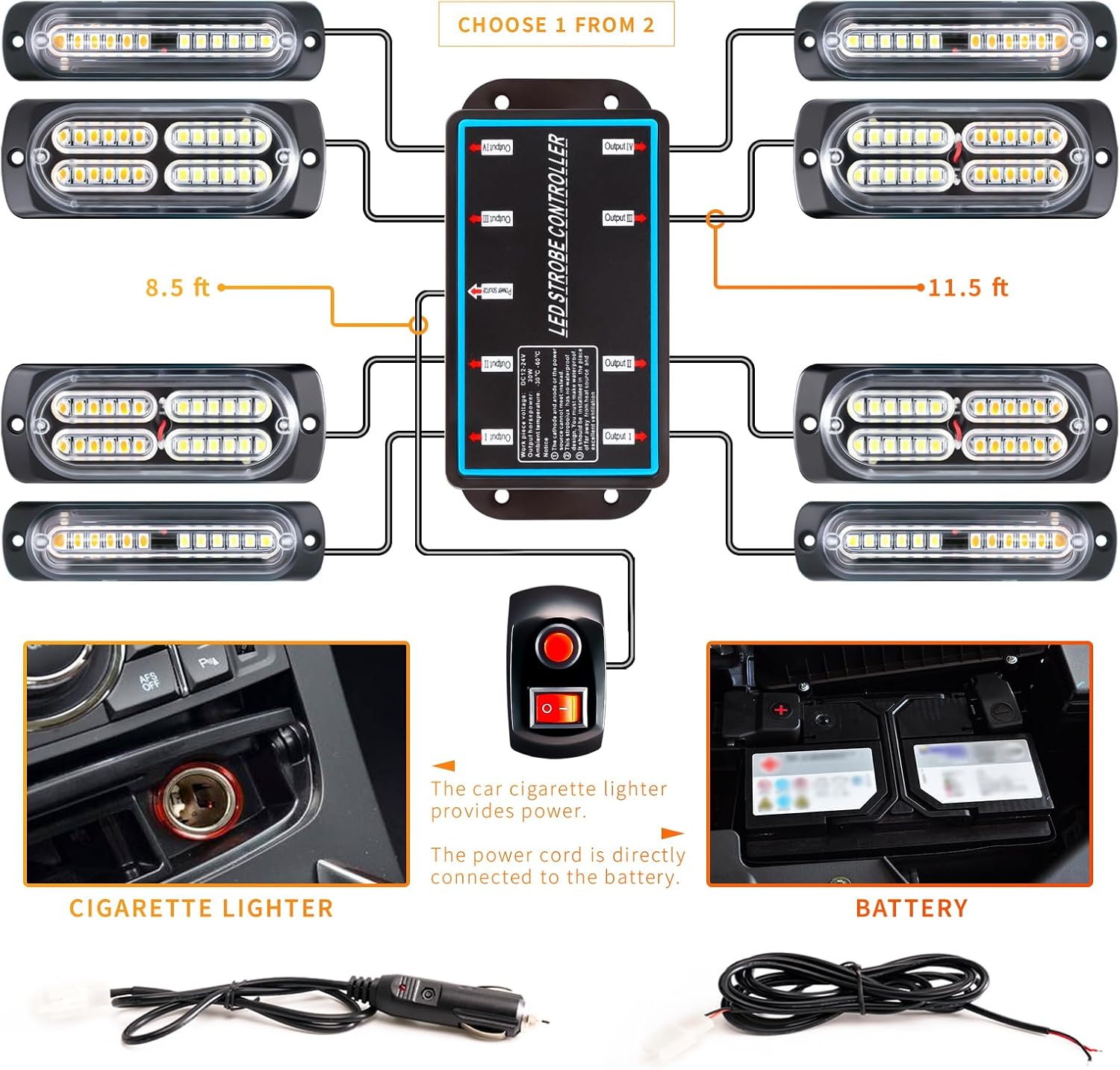 8PCS Sync LED Emergency Strobe Light Kit 72W 12 Flash Modes 12-24V 8PCSS - with Amber | Sold by Uncle Wiener's Wholesale