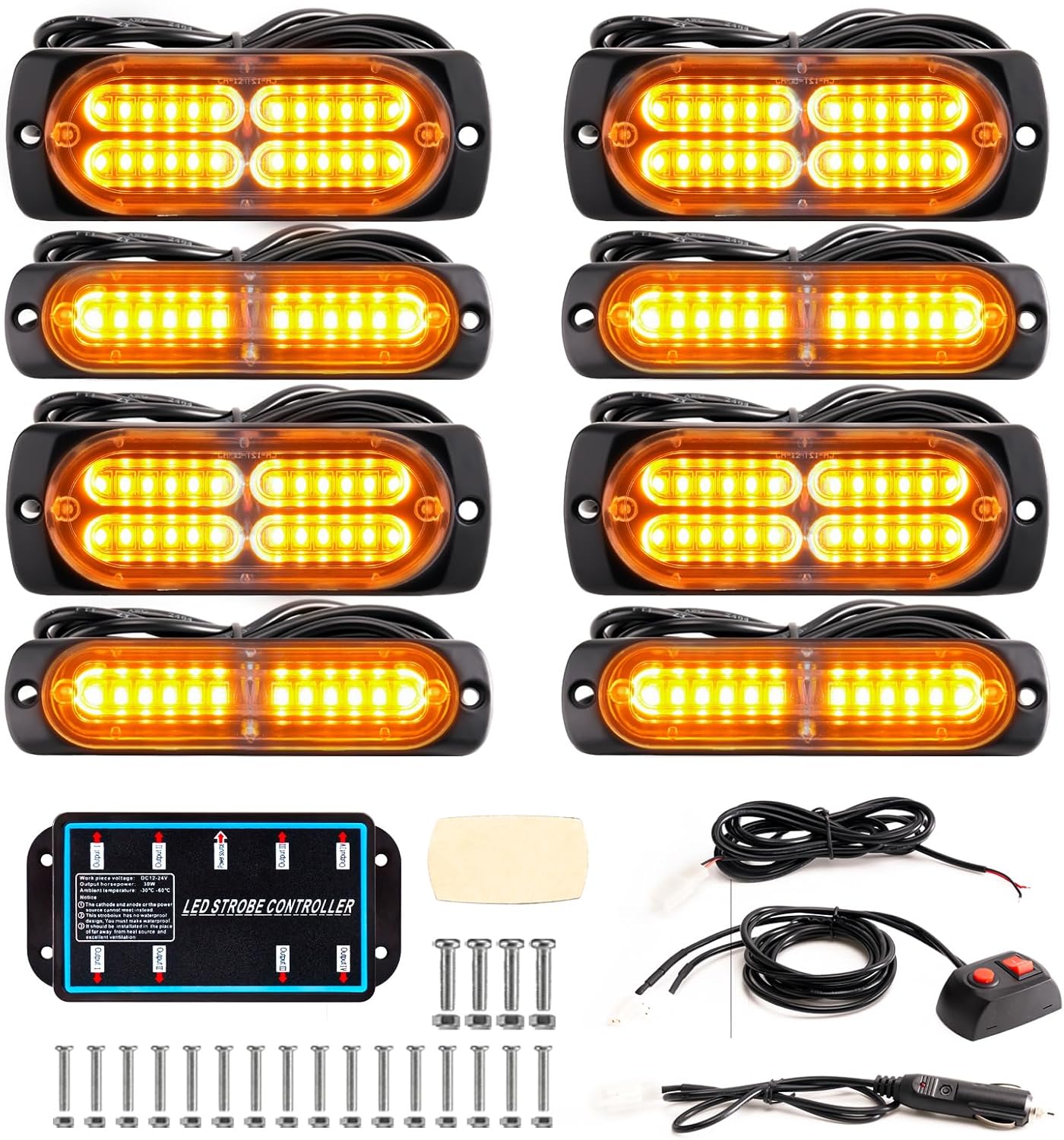 8PCS Sync LED Emergency Strobe Light Kit 72W 12 Flash Modes 12-24V 8PCSS - with Amber | Sold by Uncle Wiener's Wholesale