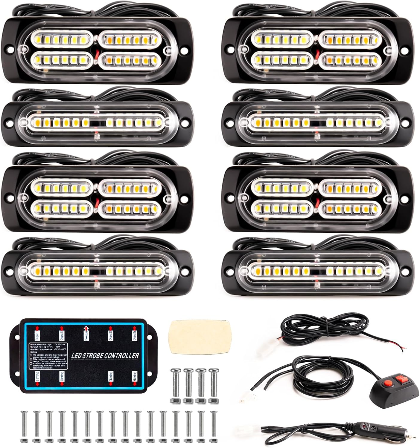 8PCS Sync LED Emergency Strobe Light Kit 72W 12 Flash Modes 12-24V 8PCSS - with Amber | Sold by Uncle Wiener's Wholesale