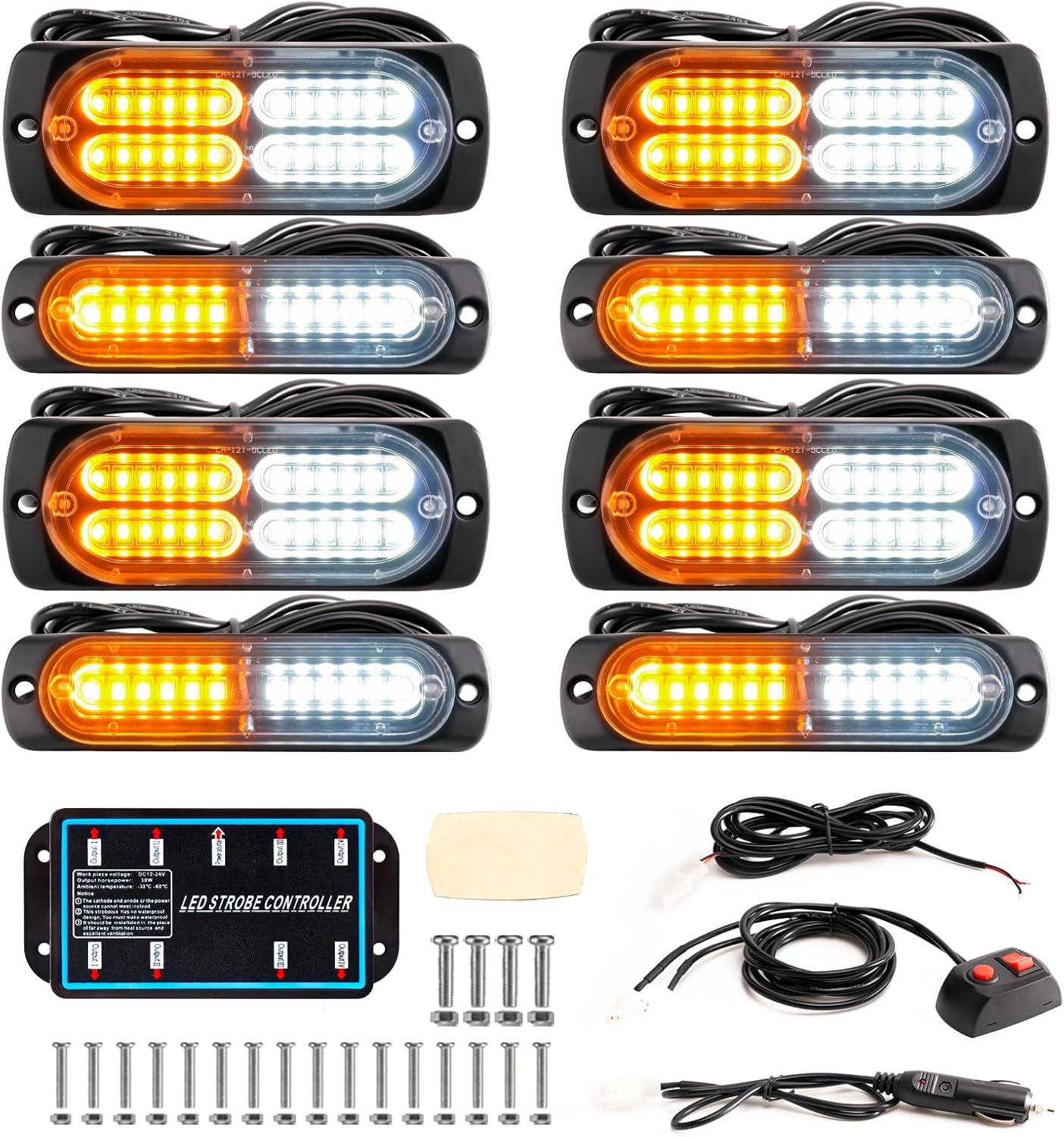 8PCS Sync LED Emergency Strobe Light Kit 72W 12 Flash Modes 12-24V 8PCSS - with Amber / White | Sold by Uncle Wiener's Wholesale