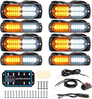 8PCS Sync LED Emergency Strobe Light Kit 72W 12 Flash Modes 12-24V 8PCSS