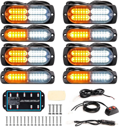8PCS Sync LED Emergency Strobe Light Kit 72W 12 Flash Modes 12-24V 8PCSS - with Amber / White | Sold by Uncle Wiener's Wholesale