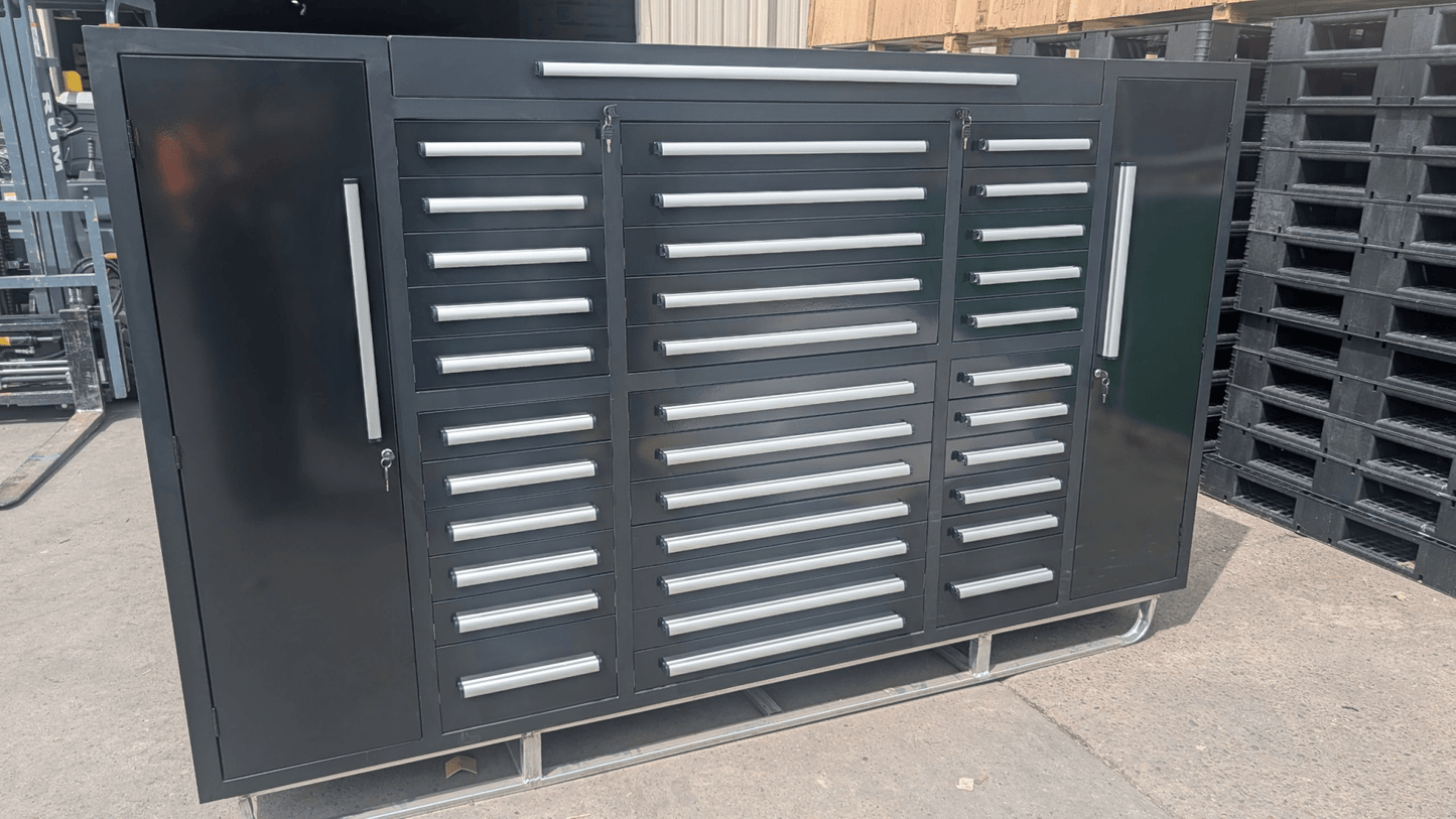 9 FT Workbench – 34-Drawer Heavy-Duty Tool Storage Station | 9FT34D2L - Tool Benches & Workstations with Black | Sold by Uncle Wiener's Wholesale