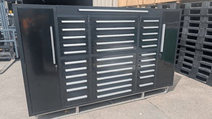 9 FT Workbench – 34-Drawer Heavy-Duty Tool Storage Station | 9FT34D2L - Tool Benches & Workstations with Black | Sold by Uncle Wiener's Wholesale