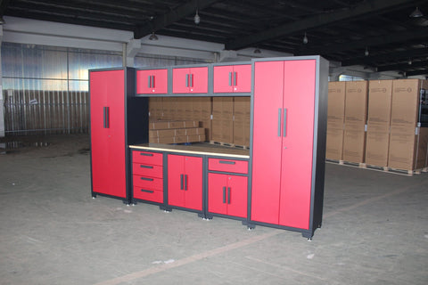 9 - Piece Garage Workbench & Cabinet Set – Heavy - Duty Modular Tool Storage System - with Red 1189RS | Sold by Uncle Wiener's Wholesale