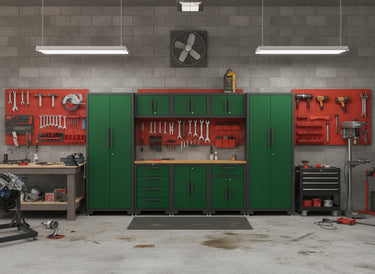 9 - Piece Garage Workbench & Cabinet Set – Heavy - Duty Modular Tool Storage System - with Green 1189GR | Sold by Uncle Wiener's Wholesale