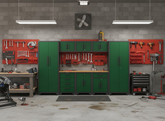 9 - Piece Garage Workbench & Cabinet Set – Heavy - Duty Modular Tool Storage System - with Green 1189GR | Sold by Uncle Wiener's Wholesale