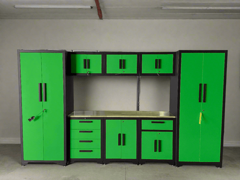 9 - Piece Garage Workbench & Cabinet Set – Heavy - Duty Modular Tool Storage System - with Red 1189RS | Sold by Uncle Wiener's Wholesale