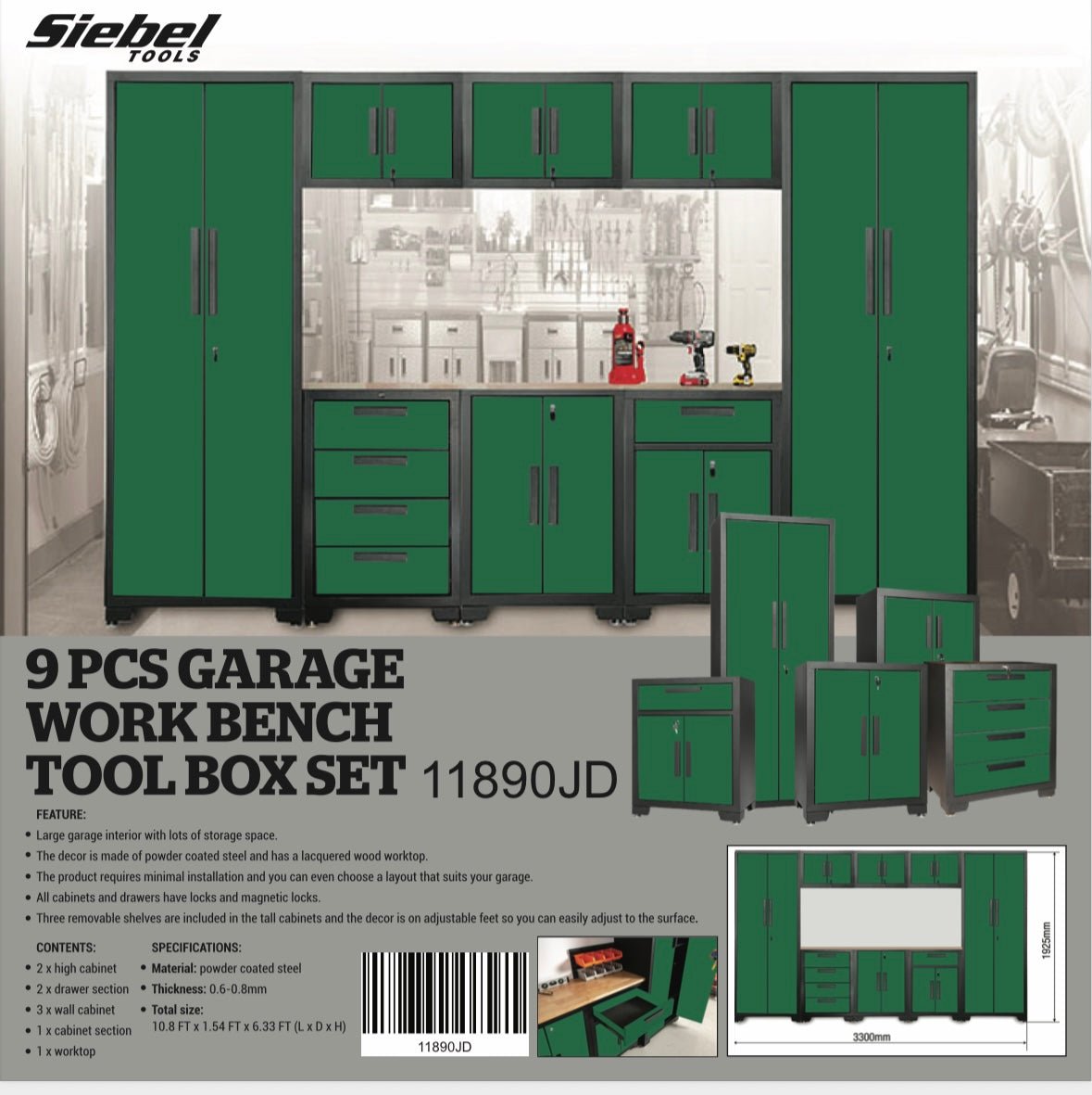 9 - Piece Garage Workbench & Cabinet Set – Heavy - Duty Modular Tool Storage System - with Green 1189GR | Sold by Uncle Wiener's Wholesale