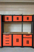 9 - Piece Garage Workbench & Cabinet Set – Heavy - Duty Modular Tool Storage System - with Orange 1189OS | Sold by Uncle Wiener's Wholesale