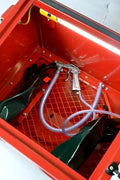 Red 90L benchtop sandblasting cabinet with viewing window, glove ports, and built-in light
