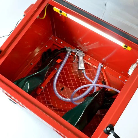 Red 90L benchtop sandblasting cabinet with viewing window, glove ports, and built-in light

