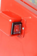 Red 90L benchtop sandblasting cabinet with viewing window, glove ports, and built-in light

