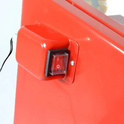 Red 90L benchtop sandblasting cabinet with viewing window, glove ports, and built-in light
