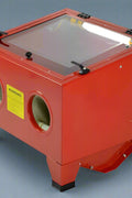 Red 90L benchtop sandblasting cabinet with viewing window, glove ports, and built-in light
