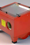 Red 90L benchtop sandblasting cabinet with viewing window, glove ports, and built-in light
