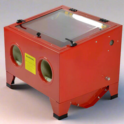 Red 90L benchtop sandblasting cabinet with viewing window, glove ports, and built-in light
