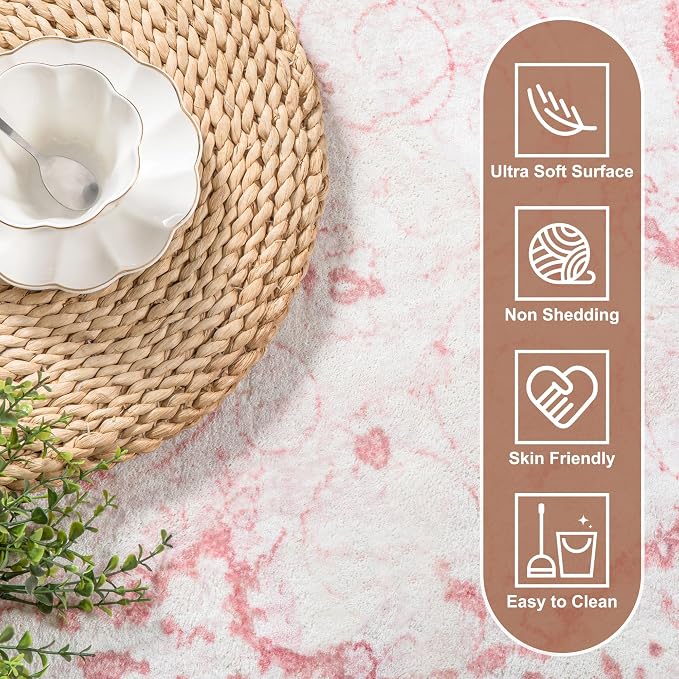 Meiliweser 6' x 9' Washable Area Rug – Pink Floral Vintage Low-Pile Rug with Non-Slip Backing