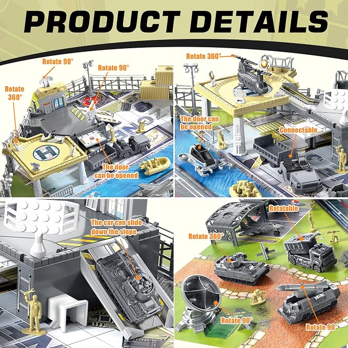 XDUOYJOY Military Base Playset with 11 Army Vehicles, Action Figures & Play Mat – Military Toy Building Set Ages 3+