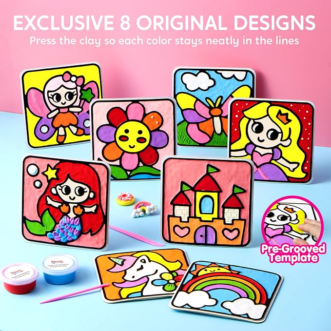 Klever Kits Air Dry Clay Painting Kit – 8 Pre-Grooved Art Boards for Kids, Non-Toxic Craft Set