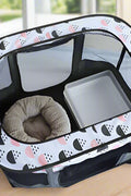 XL foldable dog crate with mesh windows and roll-up door
Portable pet house crate with removable top skylight
Indoor and outdoor soft pet kennel setup
Folded dog crate for easy storage and travel
Cat and dog resting in mesh pet crate