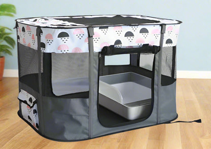 XL foldable dog crate with mesh windows and roll-up door
Portable pet house crate with removable top skylight
Indoor and outdoor soft pet kennel setup
Folded dog crate for easy storage and travel
Cat and dog resting in mesh pet crate