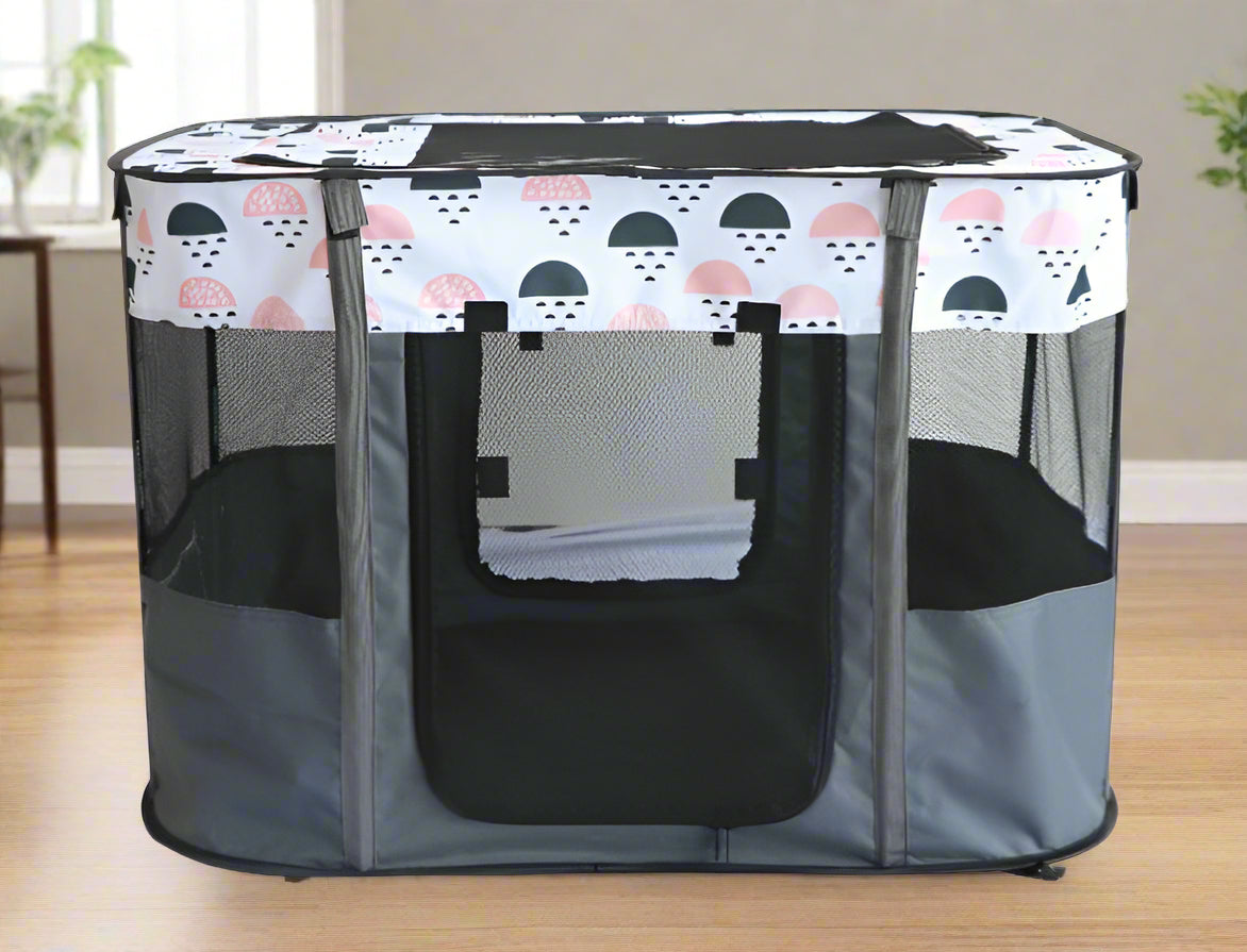 XL foldable dog crate with mesh windows and roll-up door
Portable pet house crate with removable top skylight
Indoor and outdoor soft pet kennel setup
Folded dog crate for easy storage and travel
Cat and dog resting in mesh pet crate