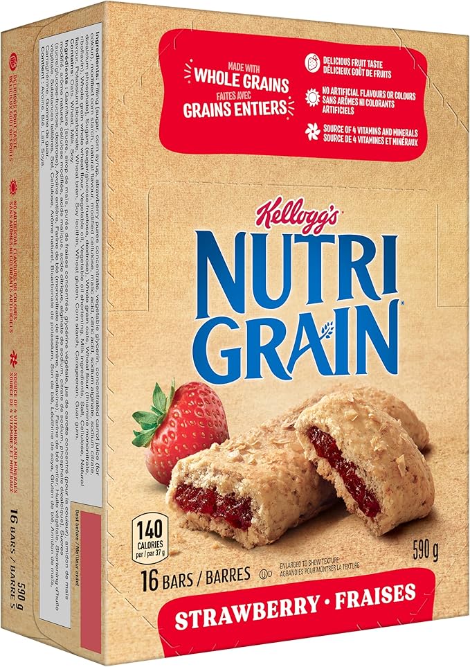 Kellogg's Nutri-Grain Strawberry Cereal Bars – Soft Baked Breakfast Bars with Real Fruit Filling, Source of Fibre, 590g Family Pack of 16