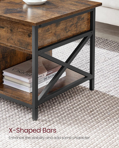 Lift Top Coffee Table with Hidden Storage & 3 Open Shelves – Industrial Living Room Table Rustic Brown & Black LCT202B01V1